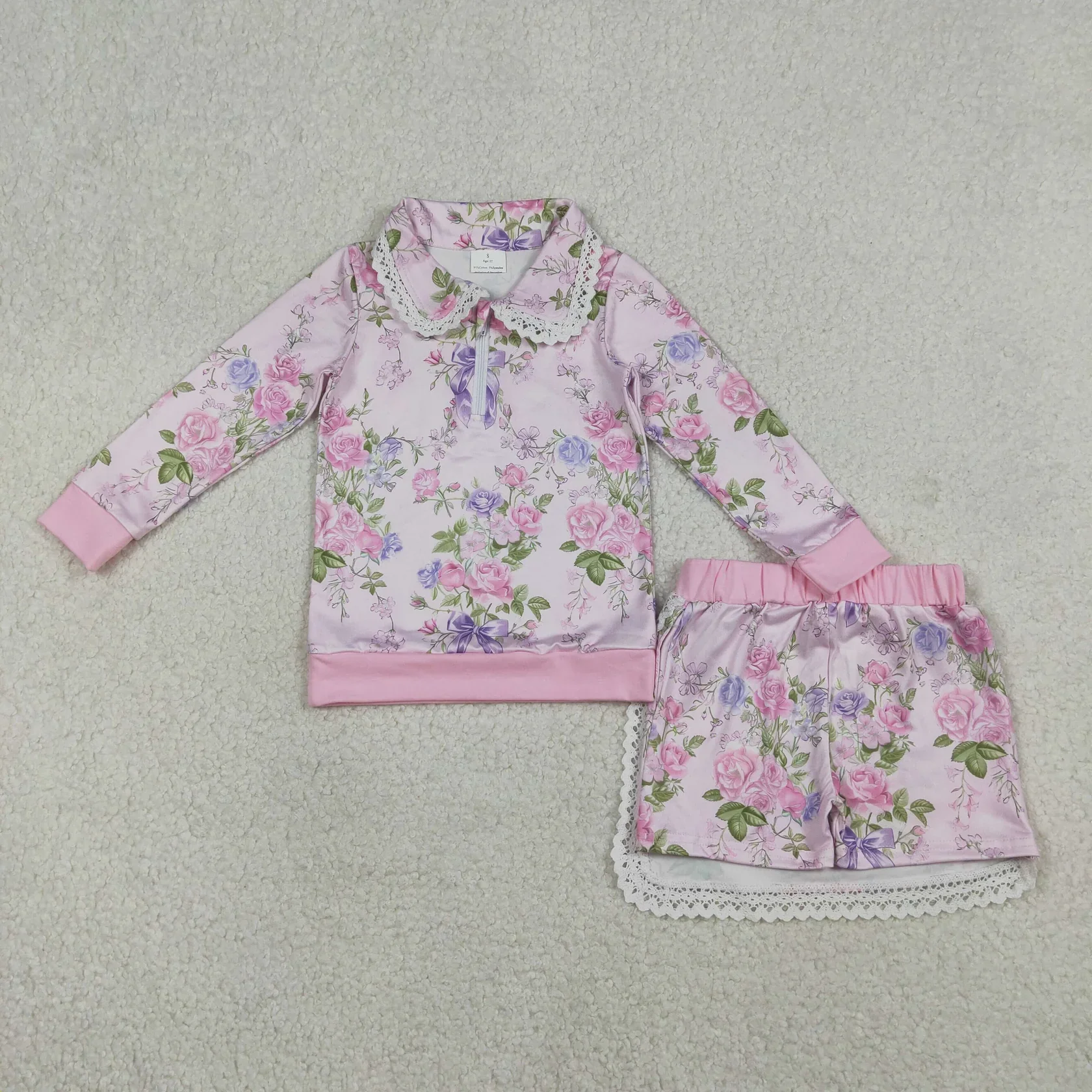 Wholesale Infant Long Sleeves Zipper Flower Bows Shirts Clothes Baby Girl Shirt Toddler Shorts Skirt Outfit Children Kids Set