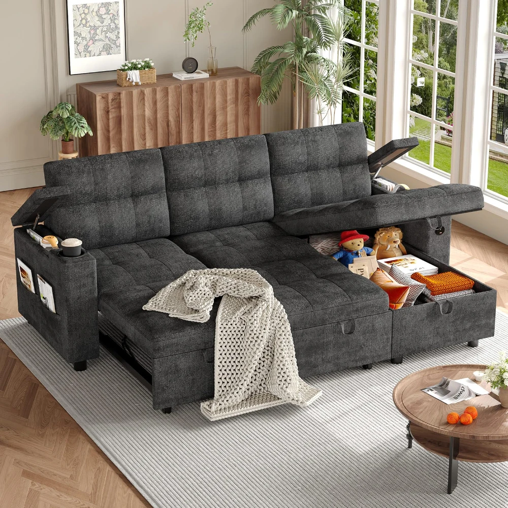 #￥Custom Corner FabricL-Shaped Sectional Sleeper Velvet Sofa with Pull Out Bed Reversible Storage Chaise Hidden Storage Armrests