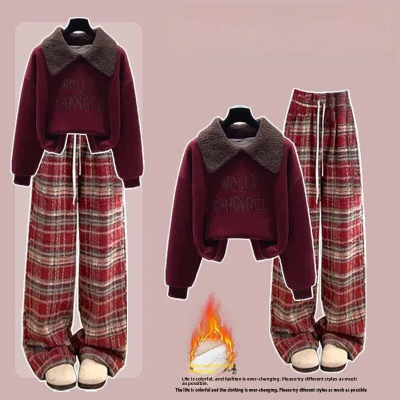 

Thickened Fleece Winter Set Women's Autumn Winter College Style Shirt Collar Sweatshirt Plaid Wide Leg Pants Casual Sports Tw...