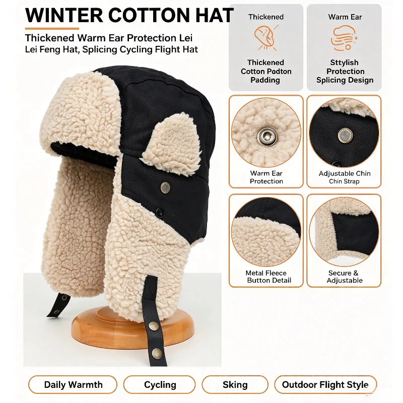 Winter Cotton Hat, Thickened Warm Ear Protection Lei Feng Hat, Splicing Cycling Flight Cap for Cold Weather