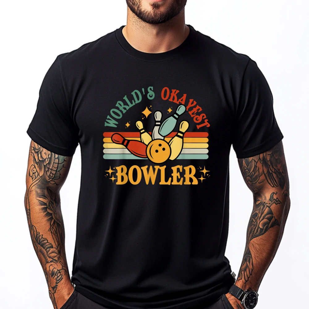 Funny Worlds Okayest Bowler Bowling Team Men Women Vintage Black Shirt Graphic Tees Classic and versatile Cotton T Shirt Men