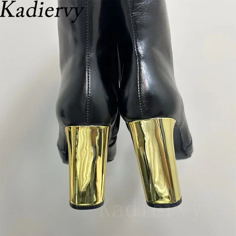 Sexy High Heels Ankle Boots Women Genuine Leather Runway Shoes Women Round Toe Gold Heels Short Boots Woman Botas Mujer