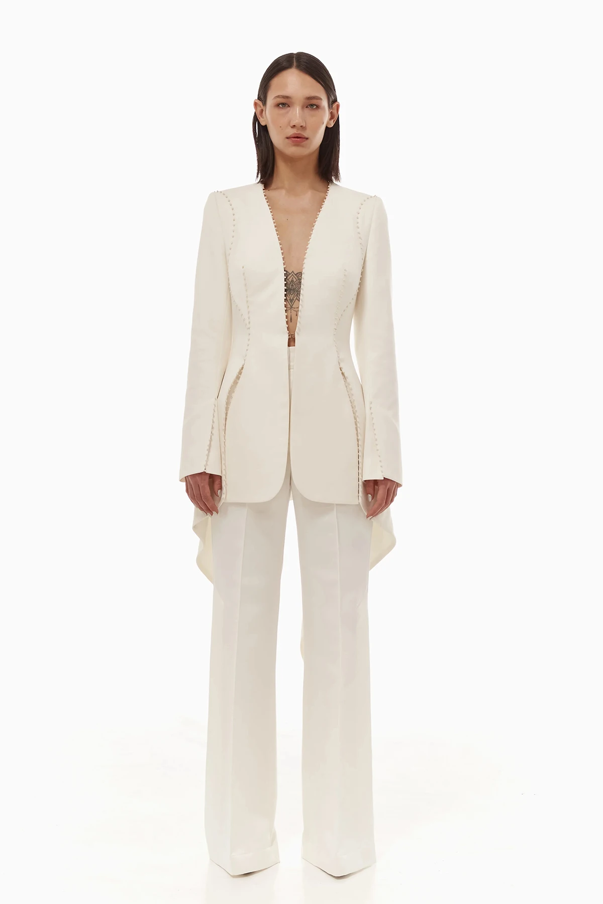 

New Design Bespoke 2Pieces Women Suits Blazer Split Pants Illusion Button V-Neck Beading Fashion Modern Stylish Women Customized