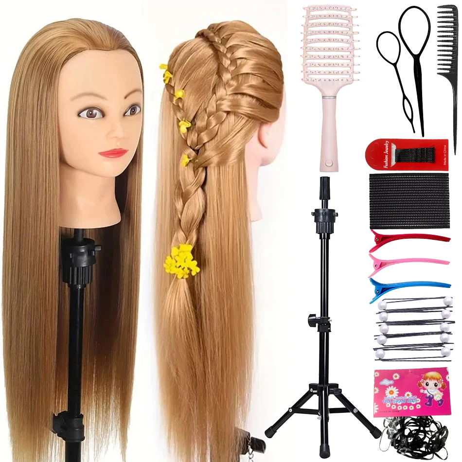 

Cosmetology Synthetic Hair Mannequin Head With Adjustable Tripod and Hair Styling Tools Set Affordable Dummy Head for Beginners