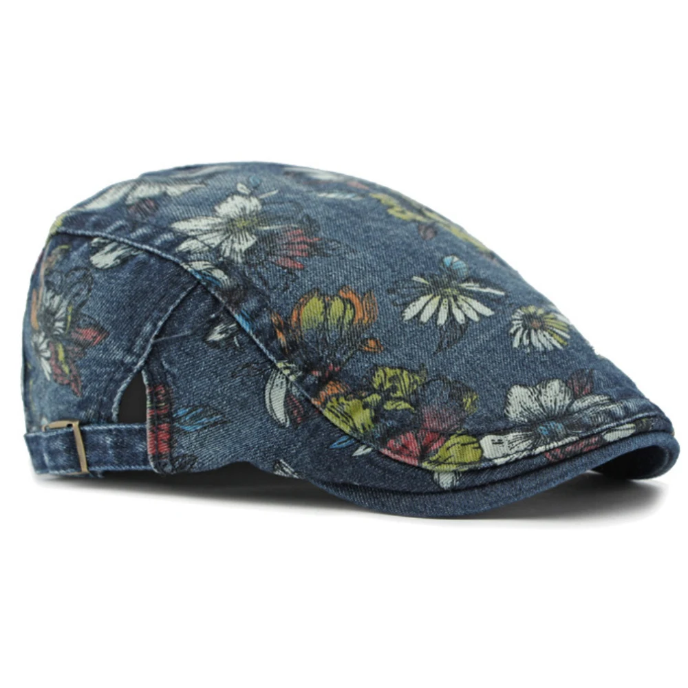 HT4338 Men Women Caps for Spring Autumn Flower Floral Beret Hat Washed Cotton Denim Beret Cap Male Female Artist Painter Cap Hat