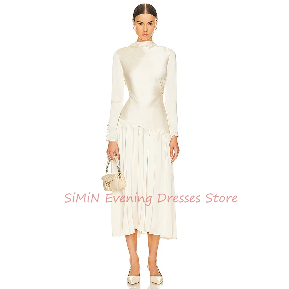 Simin Saudi O-Neck Long-Sleeves Button Ruffle Backless Satin Tea-Length Arabia Sexy Evening Birthday Club Outfits Summer 2024