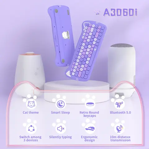 3060i 84-की प्यारा ब्लूटूथ कीबोर्ड, रंगीन गोल कीकैप/कावई बिल्ली के कान डिज़ाइन वाला पोर्टेबल पतला वायरलेस कीबोर्ड 8 best sales कवाई गेमिंग - №6