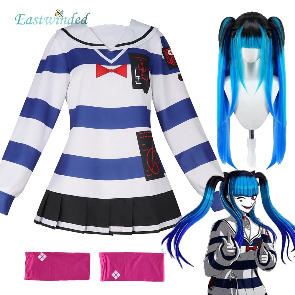 amemiya-darumi-anime-jeu-cent-lignes-cosplay-robe-rayee-bleu-perruque-chaussettes-costume-tenues-uniforme-halloween-carnaval-fete-ensemble