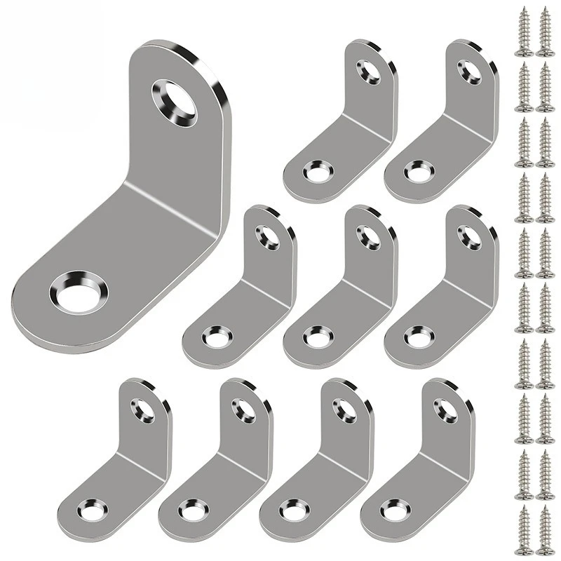 Soporte de esquina de acero inoxidable, soportes de tablero de capa de ángulo recto con tornillos, conector de mesa y silla, 32 Uds.