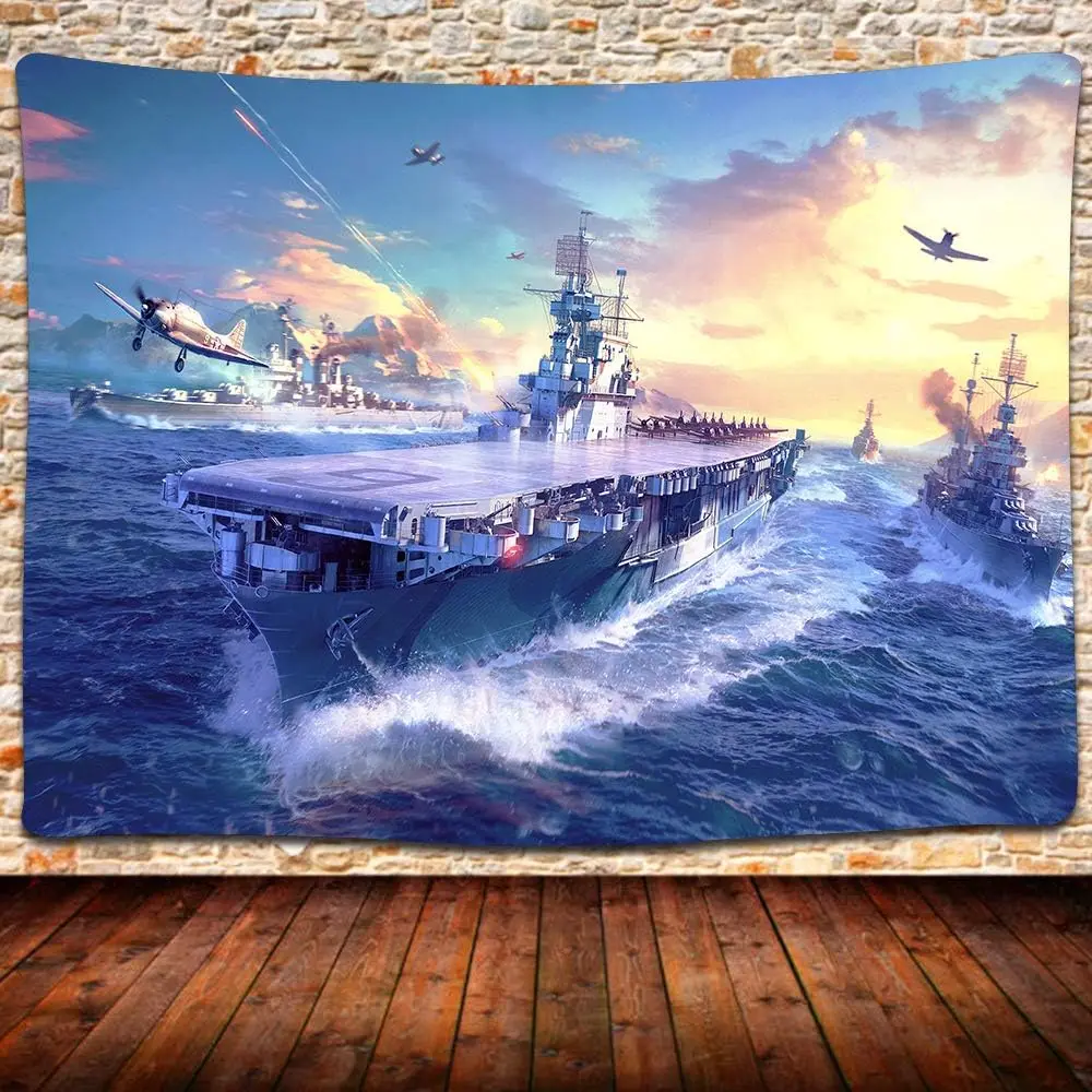 Aircraft Carrier Warship Tapestry World War II Military Theme Army Fan Tapestry Wall Mount for Bedroom Living Room Dorm Room
