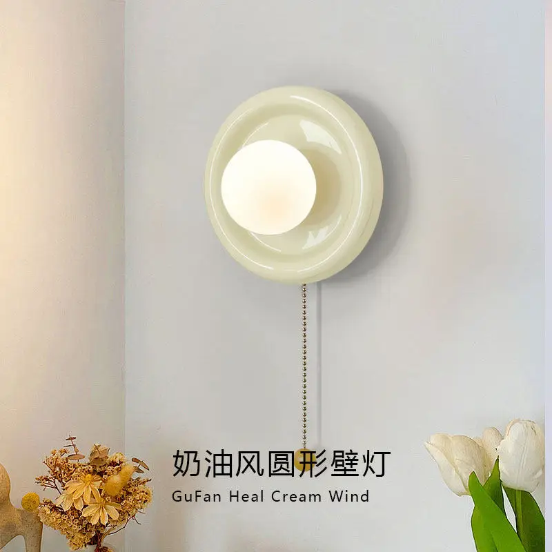 

Cream Style Circular Wall Lamp Nordic Minimalist Zipper Switch Wall Hanging Light Bedroom Bedside Study Balcony Corridor Sconces