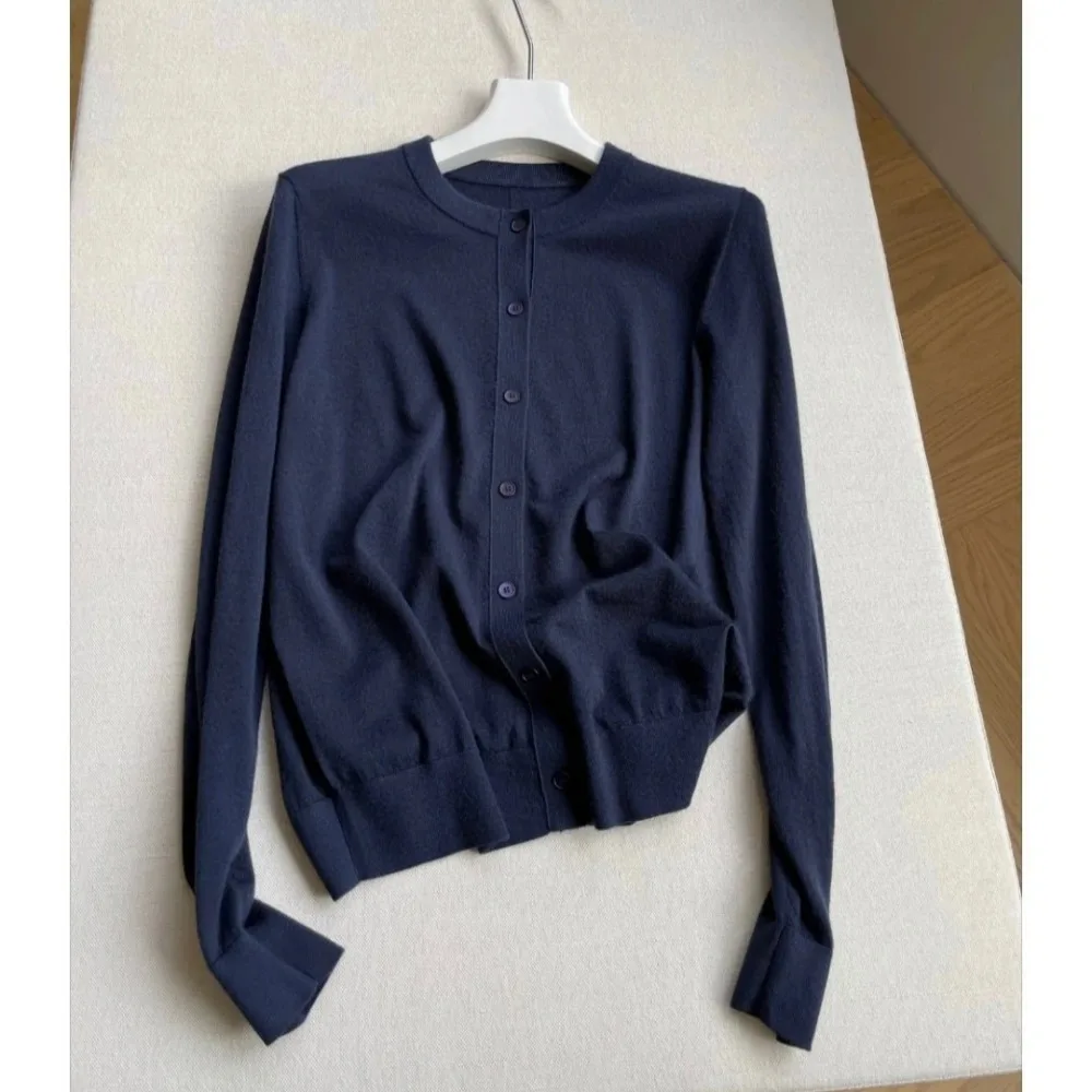 Center Back Seam Round Neck Knitted Cardigan Drawstring High Waisted Knitted Trousers Worsted Pure Cashmere Suit for Women