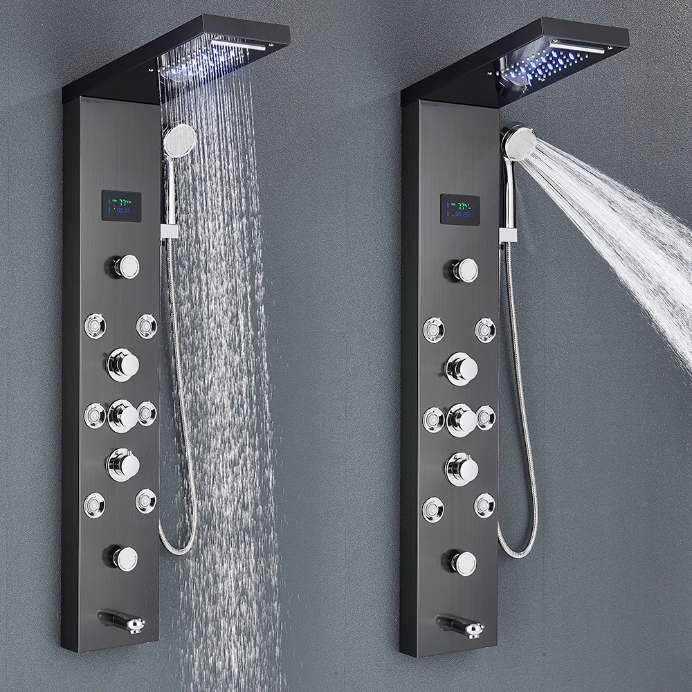 Panel de ducha LED con sistema de torre, columna de ducha de cascada de lluvia, pantalla LCD hidroeléctrica con masaje corporal, grifo de ducha de baño de Spa