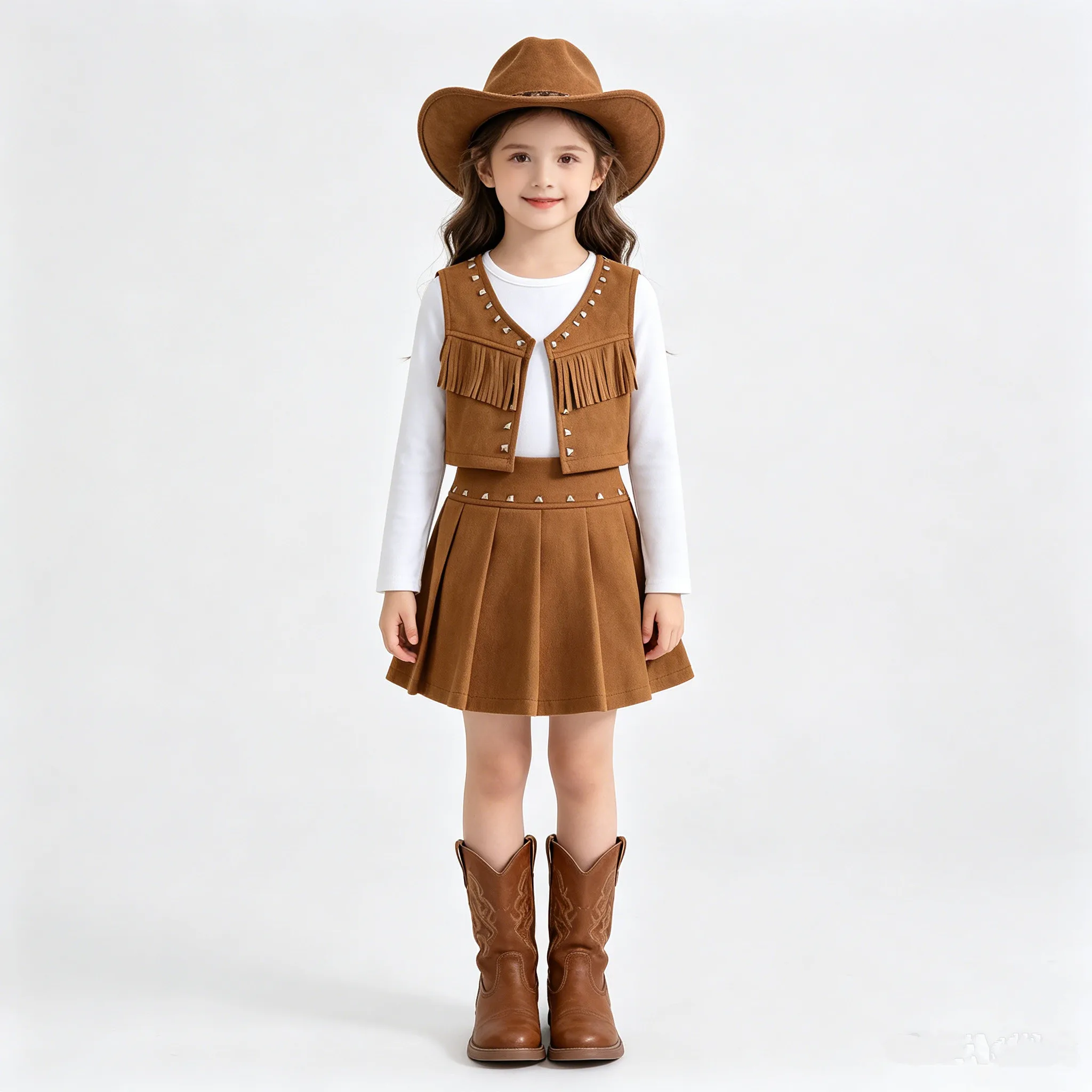 Girls Suede Western Cowgirl Outfit T-shirt with Rivet Fringe Vest Pleated Skirt Halloween Theme Party Cowboy Dress Up Costume
