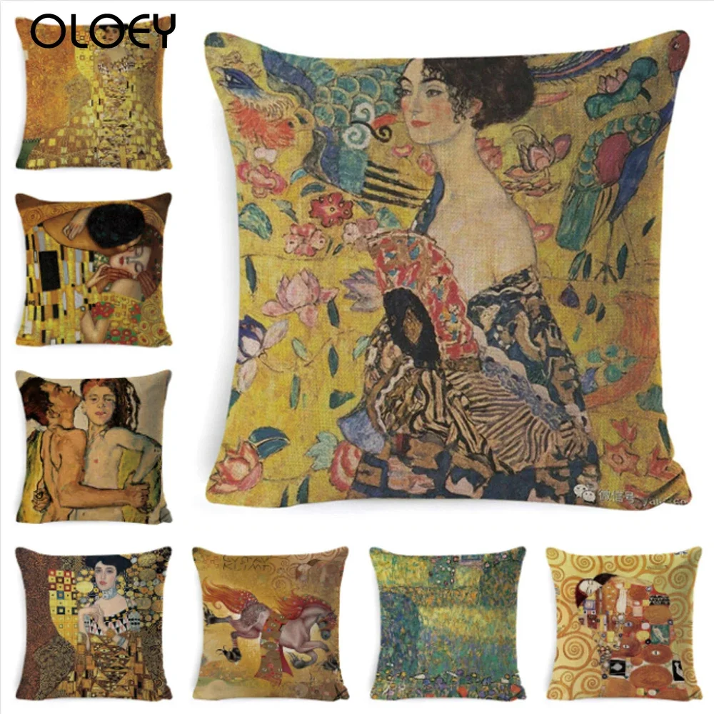 Gustav Klimt Oil Painting Pillow Cover Gold Pattern Cushion Cover Cotton Linen Decorative Throw Pillowcase For Home 45*45 CM