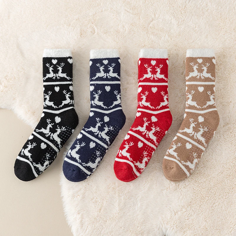 1 Pair Women Socks Thickened And Fleece Home Warm Middle Socks Sleep Socks Warm Non-Slip Floor Socks Winter Socks Christmas Sock