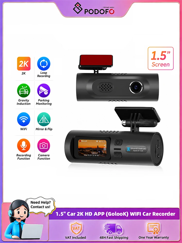 Podofo 1,5 Zoll 2K Dashcam DVR Auto-Einparkhilfe Rückfahrkamera Loop-Aufnahme Auto-Fahrtenschreiber Videorekorder Auto-Blackbox HD Touchscreen Einzel-Aufnahme Dashcam Schwerkraftsensor