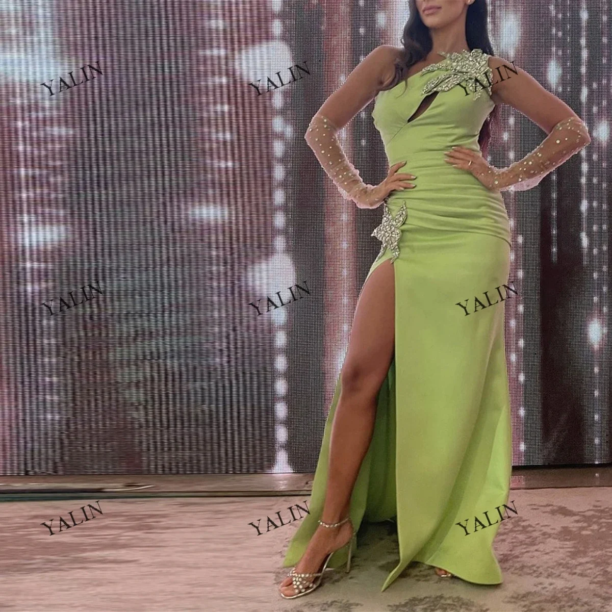 Vestidos de sirena personalizados para celebridades, gran oferta de verano 2022, Sexy, con abertura larga de cristal, alfombra roja, largo hasta el suelo, Jersey asimétrico para fiesta G