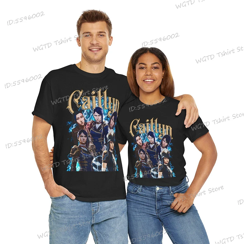 Caitlyn Arcane T-Shirt Unisex Vintage Streetwear League of Legends Shirt Anime Men Clothing Harajuku Streetwear