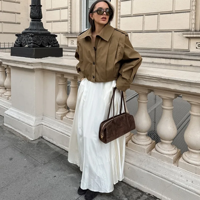 Talenza Women Jackets Brown Pleated Jacket Spring Autumn 2025 Cropped Bomber Button Long Sleeve Coats Outerwears Aviator Jackets