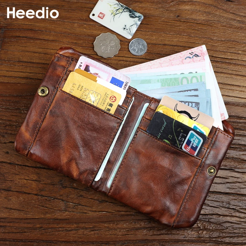 Vintage Genuine Leather Wallet Retro Cowhide Short Wallet for Men Fold Purse with Zipper Coin Pocket Card Holder Money Bag