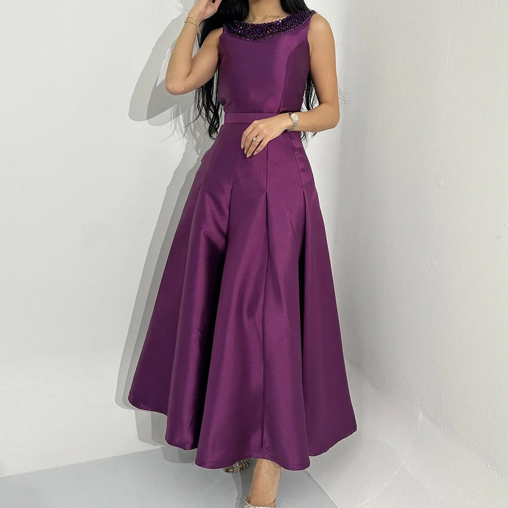 

Customized Satin A-Line Cap Sleeve Sashes and Crystal Evening Dress Crew neck Floor Length Sleeveless Vestidos para mujer