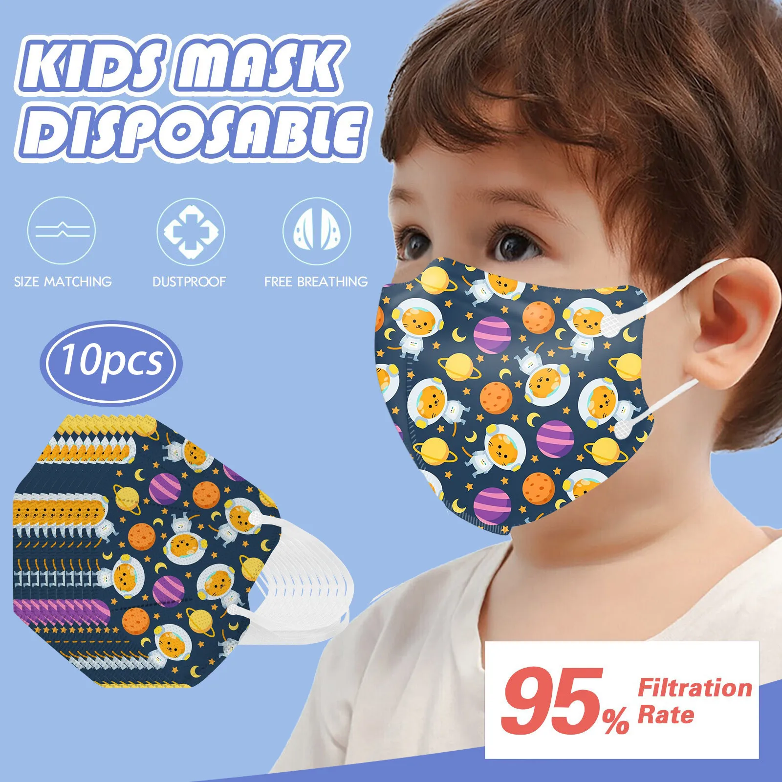 5-Layer Astronaut Series Printed Face Masks For Children, Daily Protective Breathable Face Mask Outdoor Dust-Proof Face