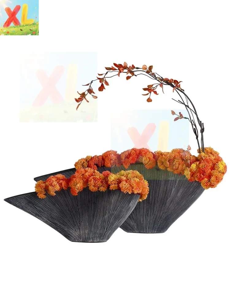 New Chinese retro vase flower arrangement set, living room desktop fiberglass fan-shaped simulation succulent floral soft