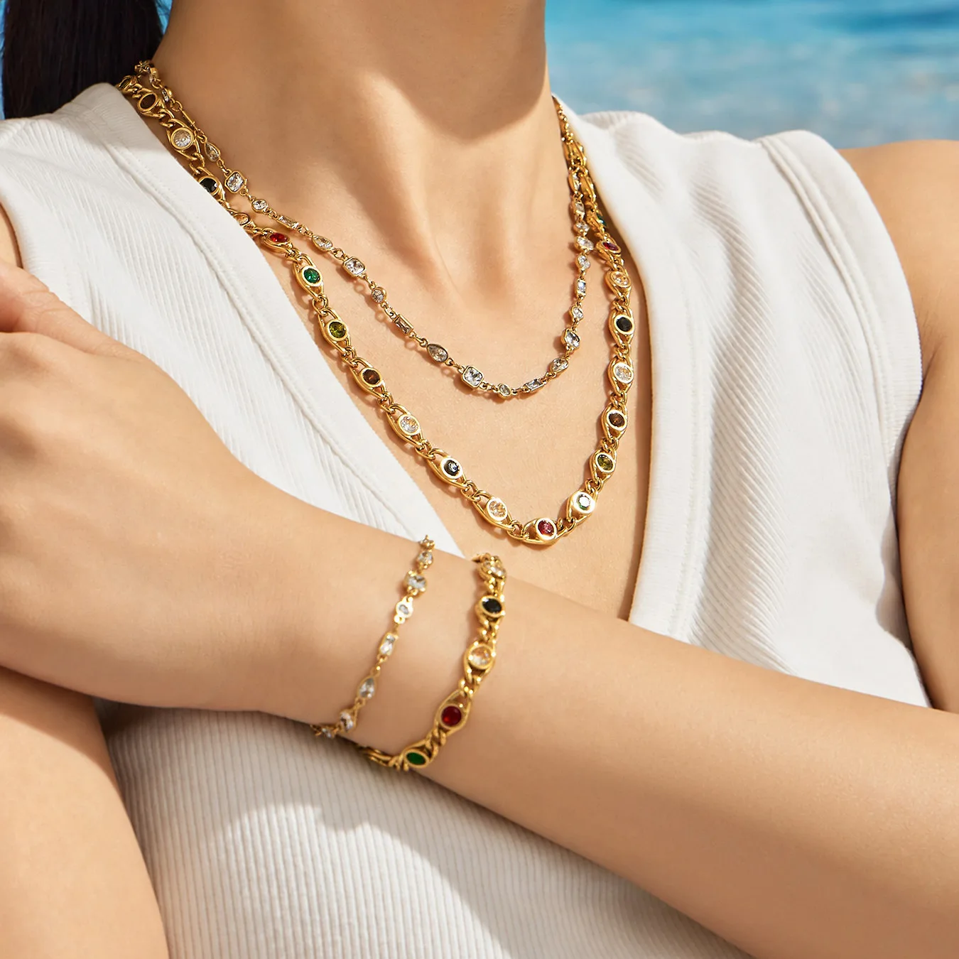 Boho Bunte Zirkon Halskette Armband 18k Vergoldetes Edelstahl Schmuckset für Damen Zierliches Party-Schmuckset – Detail 5