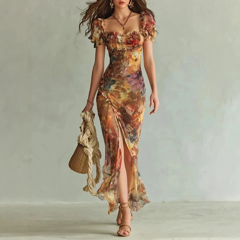 

2026 Spring New Women V Neck Print Waist Cinched Ruffle Trim Loose Temperament Versatile Long Dress Fashion Vacation Style Dress