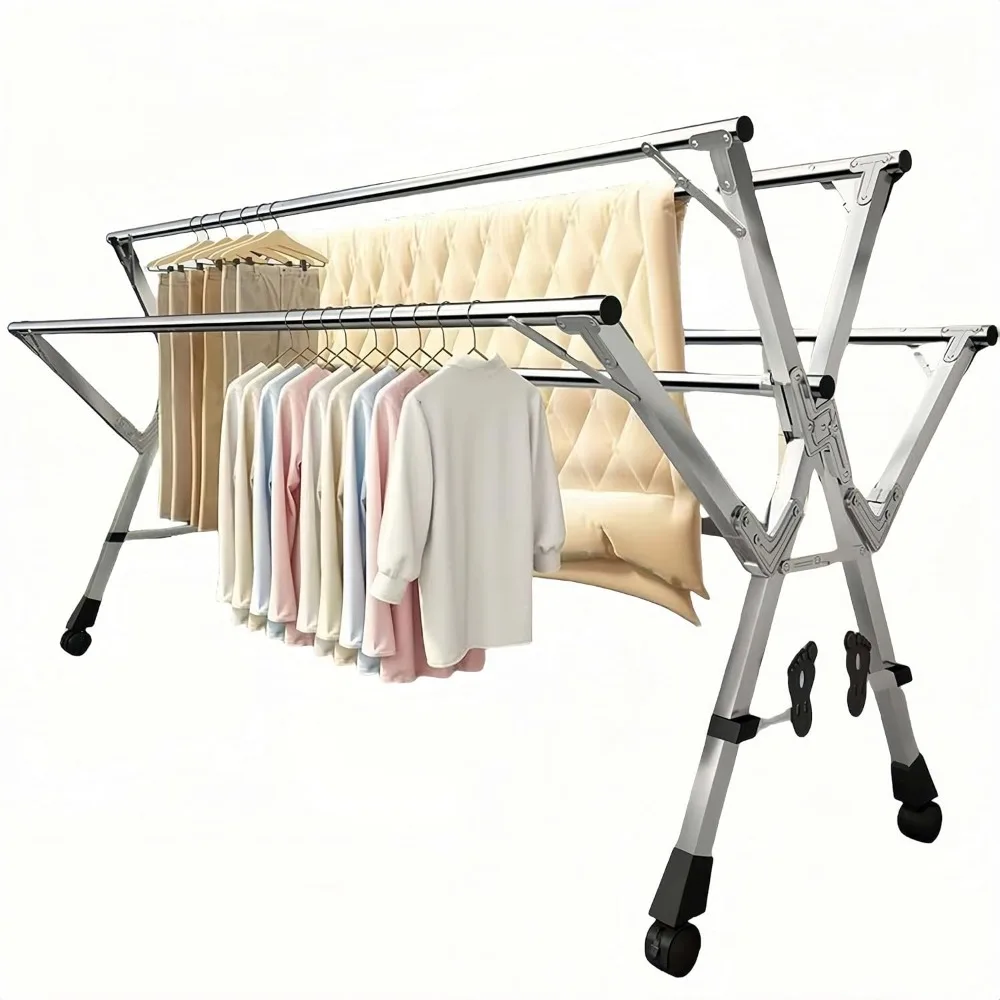 

5Poles Clothes Drying Rack, Portable Drying Rack Clothing, Blanket Rack Clothesline with 20 Windproof Hooks for Indoor/Outdoor U