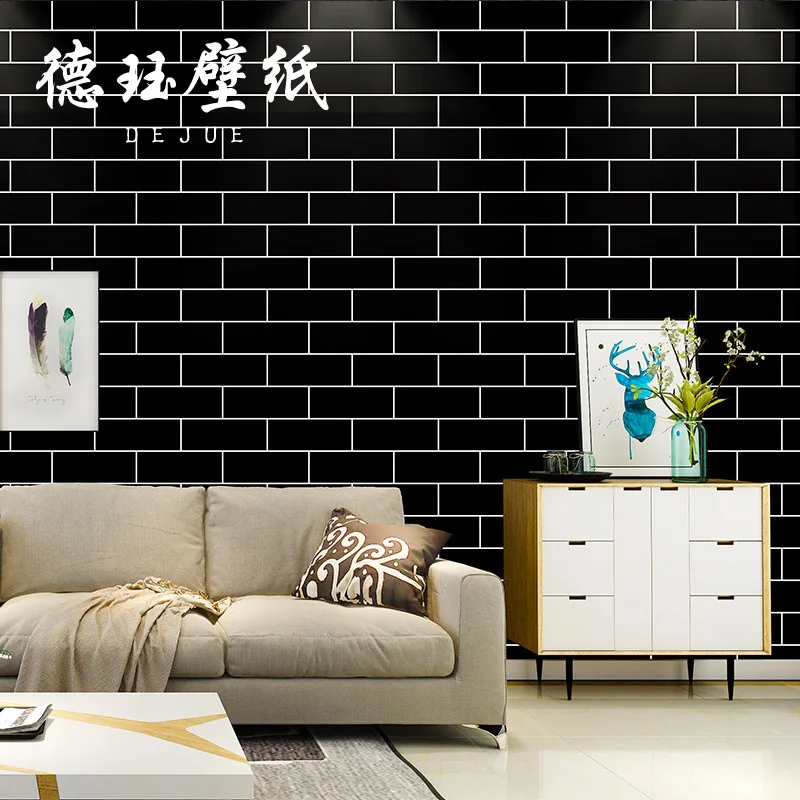 ورق حائط ذو مربعات باللونين الأبيض والأسود على الطراز الشمالي مع غطاء جدار بنمط الطوب اللاصق لمتاجر الملابس ومتجر شاي الحليب