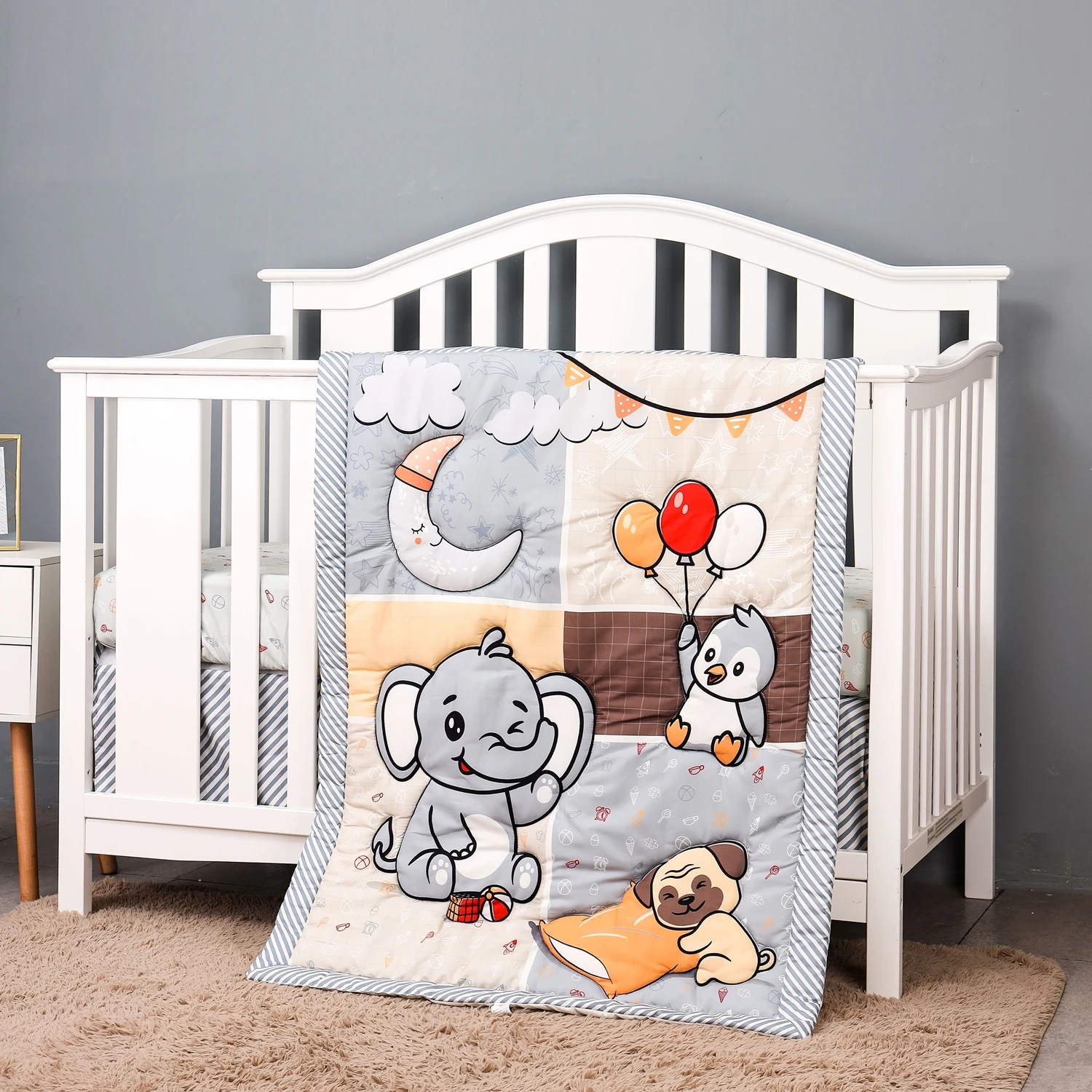 

3Pcs Cartoon Baby cot bedding crib bedlinen comforter set Neutral Baby Nursery Bedding (Baby Comforter Fitted Sheet Crib Skirt)