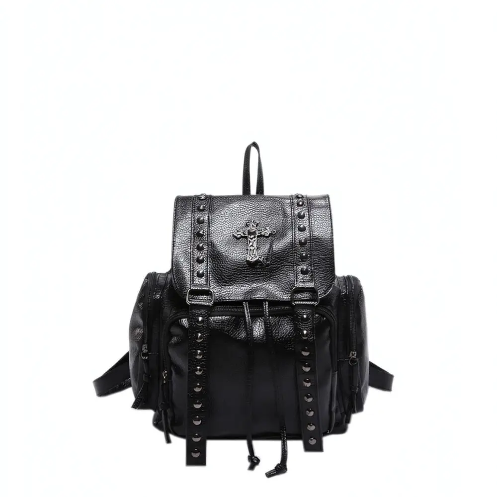 Casual Rivet PU Leather Backpack Cross Decor Motorcycle Style School Bag Large Capacity Travel Durable Trendy Women Knapsack