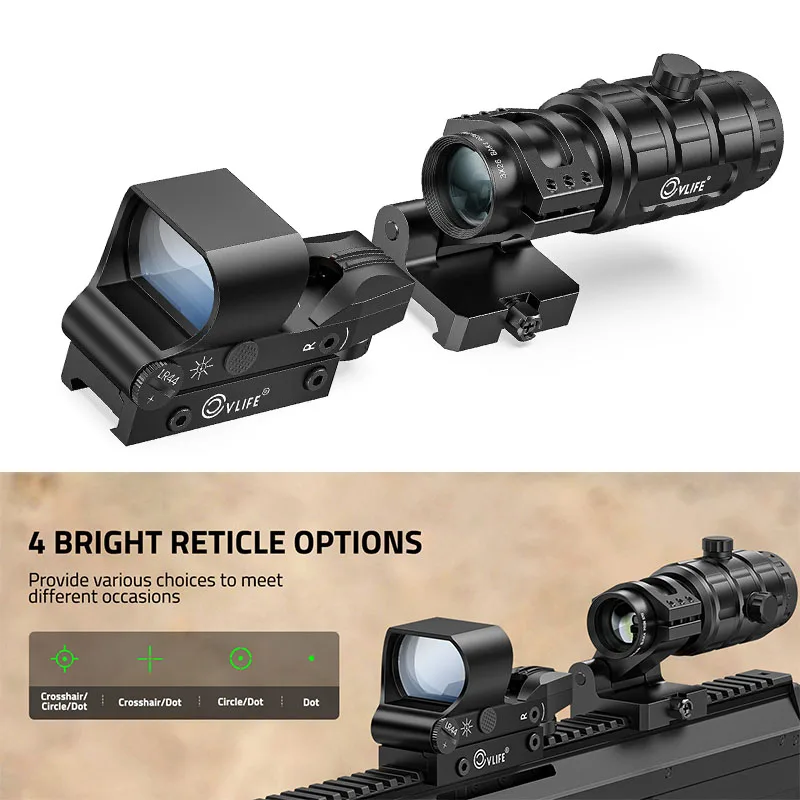 

CVLIFE Multiple Reticle Green Dot Sight Scope 3X Magnifier Combo Absolute Co-Witness Open Reflex Optics Sight with Flip-to-Side