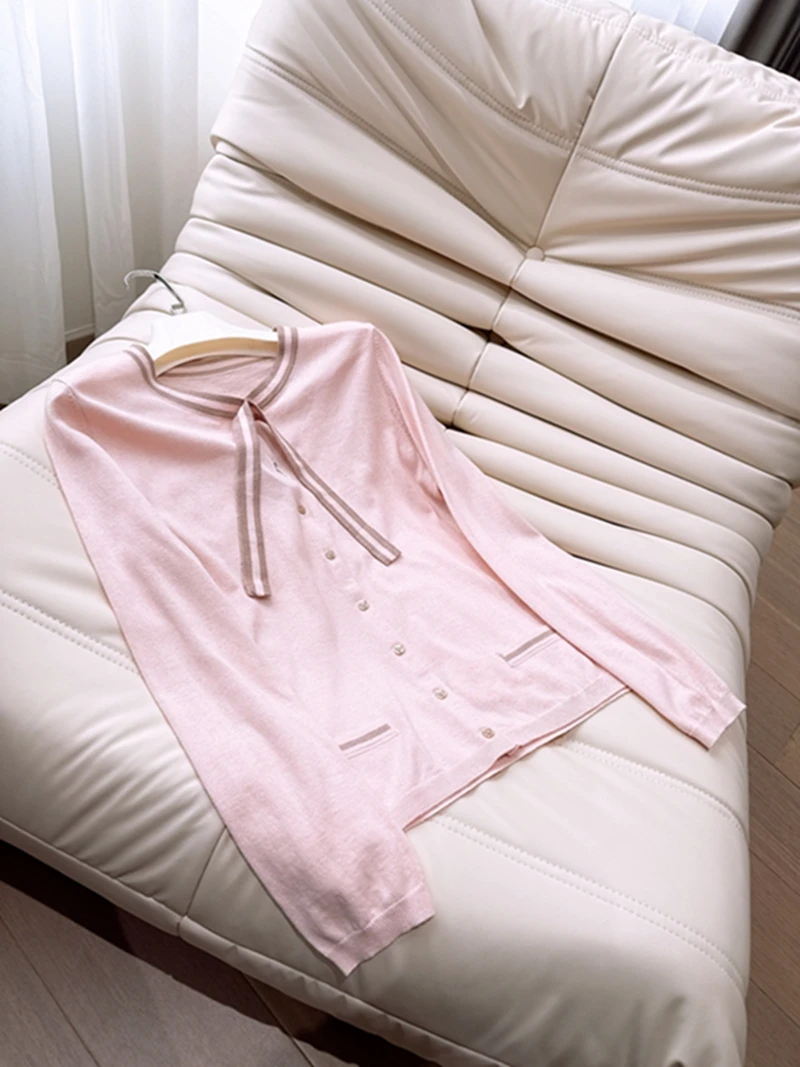 

Розовый женский молодежный мягкий вязаный кардиган с бантом на талии, облегающий, с круглым вырезом, модный топ