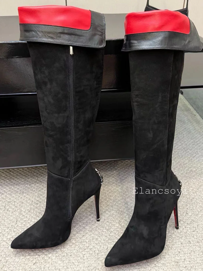 Runway Botas Sexy Black Suede Leather Knee-High Boots Super High Heels Women Autumn Winter Pointed Toe Strange Heels Long Boots image 6