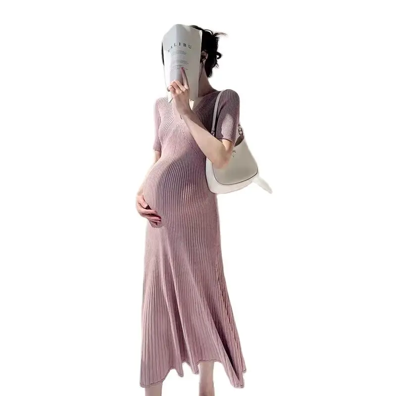 Korean Style Maternity Knitted Dress Solid Color Short Sleeve V-Neck High Waist Pregnant Woman Stretched Dresses Pregnancy Dress