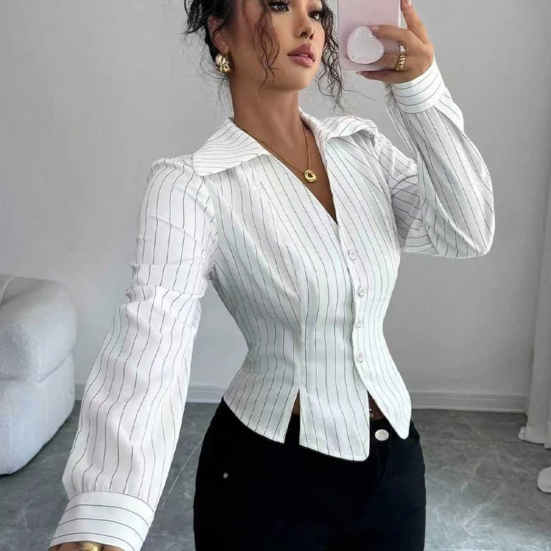 

Autumn 2026 New Arrival Polyester Fiber Digital Printing Slim Fit Commute Style Elegant Striped Long Sleeve Women's Shirt