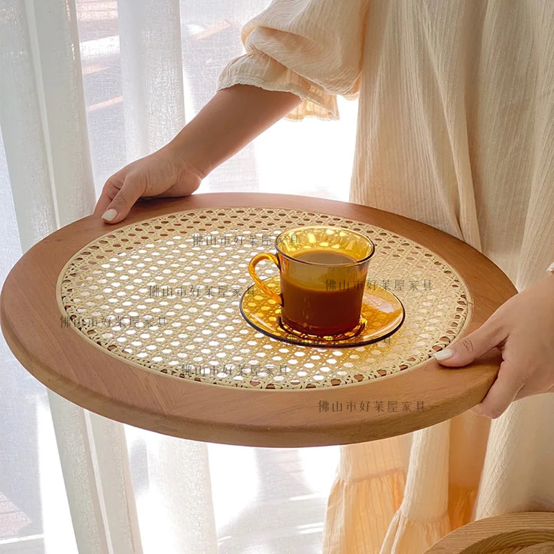 ins rattan tray handmade solid wood rattan dining wooden Nordic tea tray breakfast retro
