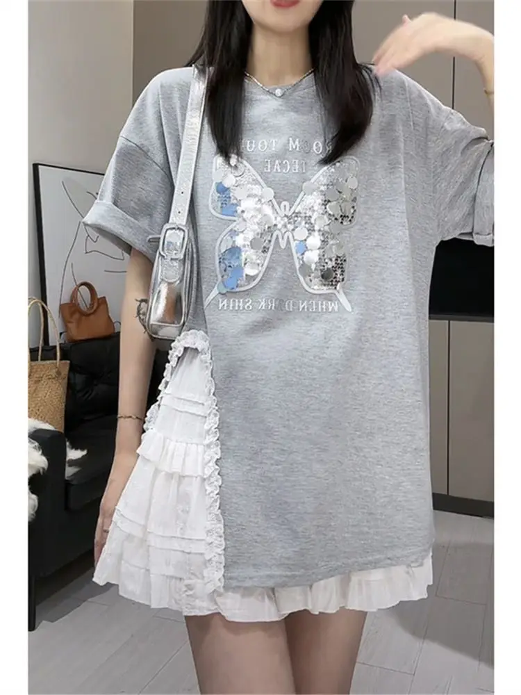 

Cotton Patchwork Lace Side Slit Short Sleeved T-shirt with Women's Summer Design Sequined Butterfly Top
