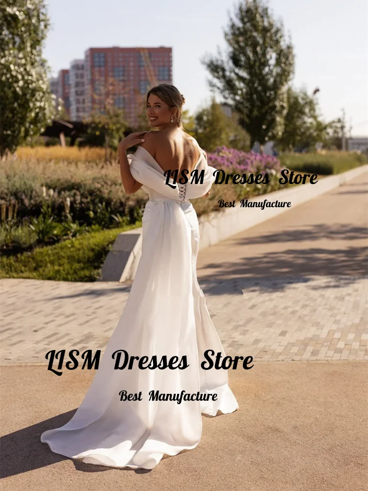 Lism Customized New Arrival Sweetheart Satin Wedding Dresses Off the Shoulder Sweep Train Bridal Gown Robe De Vestidos De Novias