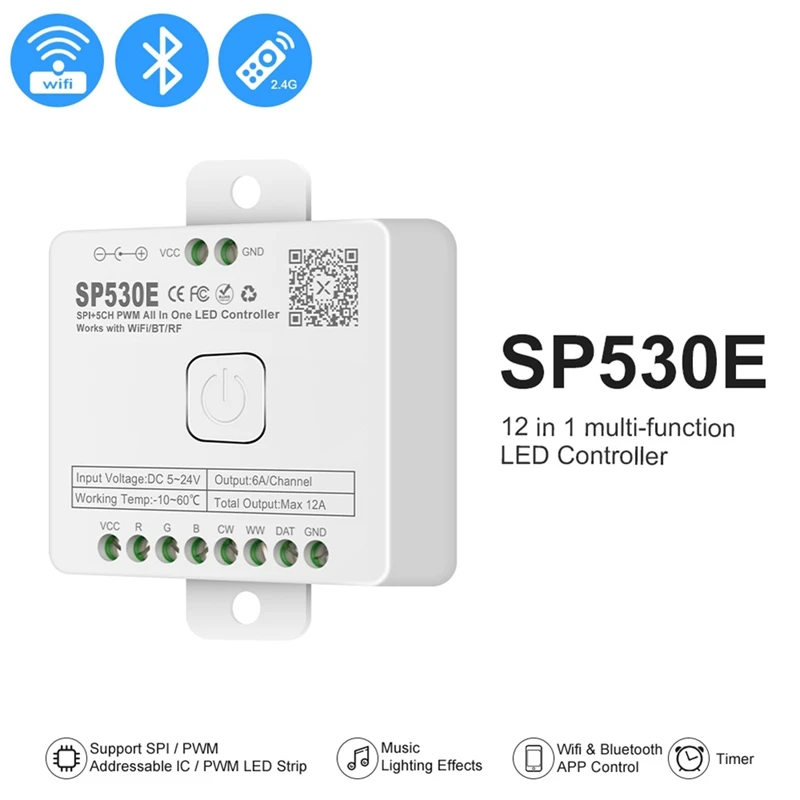 A47U 12-In-1 Wifi LED Controller SP530E PWM SPI Pixels Dimmer for WS2812B WS2811 RGB RGBW LED Strips with Voice Control