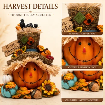 Hodao Resin Thanksgiving Harvest Scarecrow Figurine Figure Model, Pumpkin Face Autumn Decor with Give Thanks Sign & Cute Black Crows, Rustic Farmhouse Tabletop Statue with Straw Hat & Sunflower, Holiday Accent Ornament for Home Shelf Mantel Display 4
