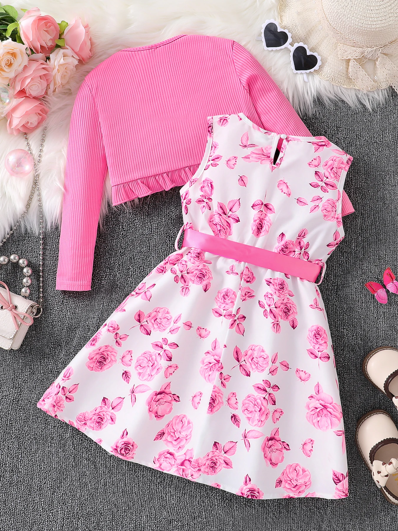 Children\'s clothing girl autumn fashion casual pink floral dress set 2-piece set - pink round neck vest+pink floral skirt