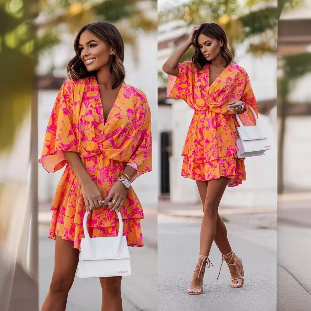 

Boho Women Sexy V Neck Mini Dresses Summer Casual Floral Print Batwing Sleeve Dresses Female Ruffle Beach Party Dress Vestidos