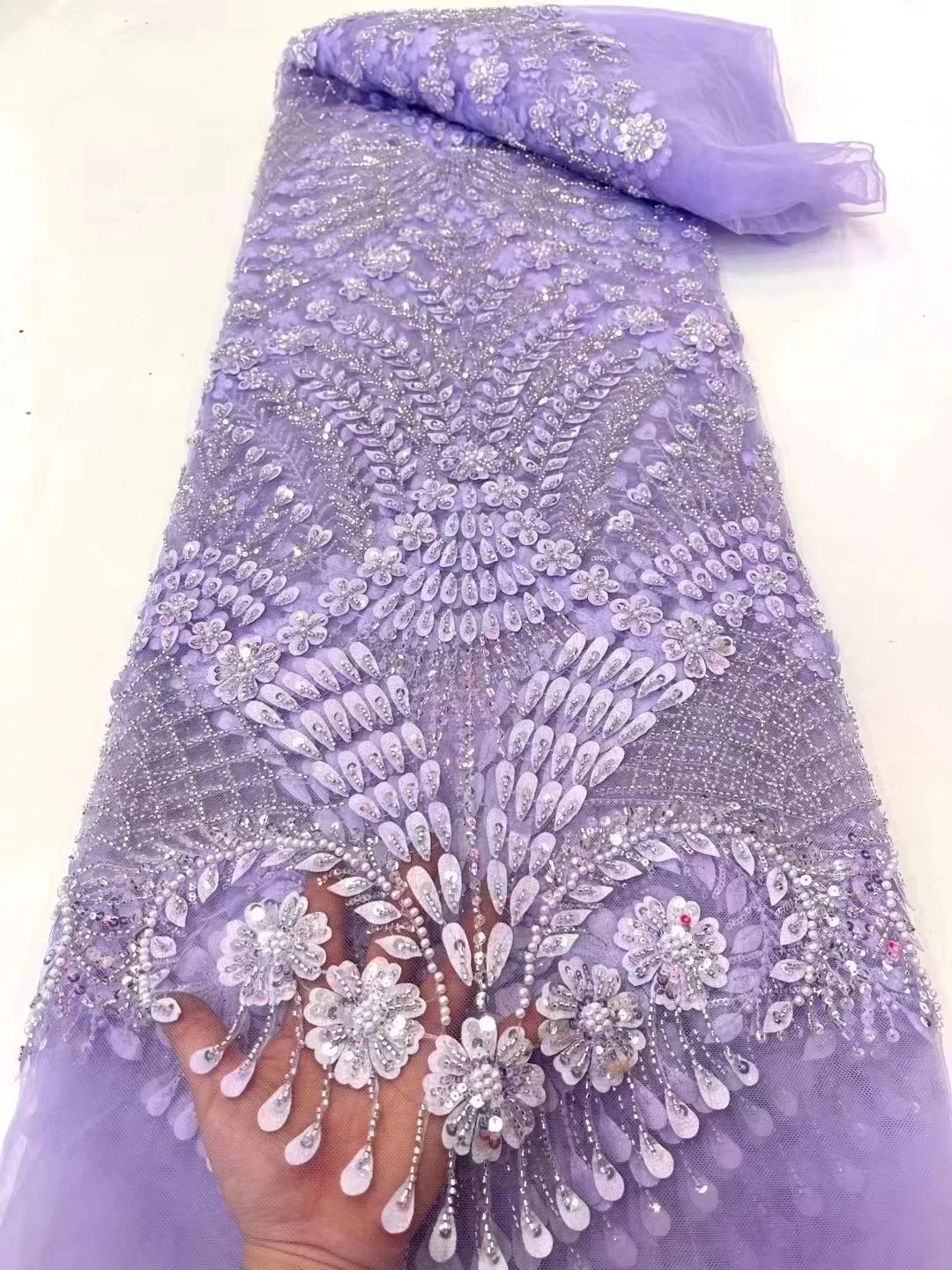 

African 3D Sequins Lace Fabric 2024 Purple High Quality Handmade Beaded Nigerian French Tulle Lace Material For Wedding Dress