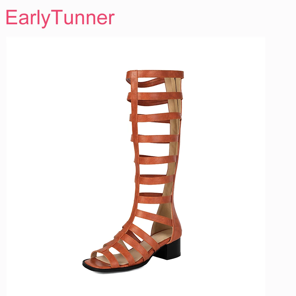 

2026 Summer Rome Knee High Gladiator Sandals for Women Med Chunky Heels Lady Party Shoes Big Plus Size 11 46 48