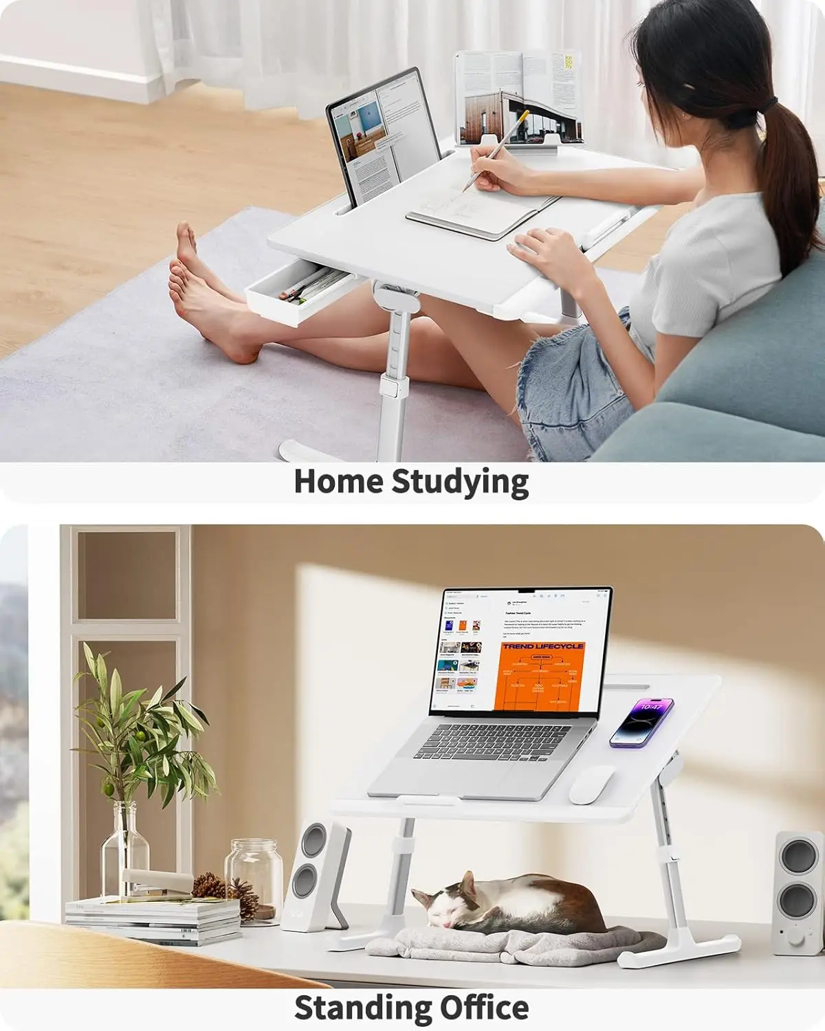 Laptop Bed Tray Table, Adjustable Bed Desk for Laptop, Foldable Laptop Stand with Storage Drawer for Eating, Working