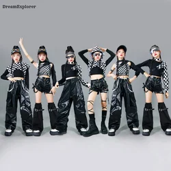 Hip Hop Girls Crop Top Plaid Cuff Cargo Pants Children Streetwear Hoodies Shorts Clothes Set Kids K-pop Jazz Girl Group Costumes